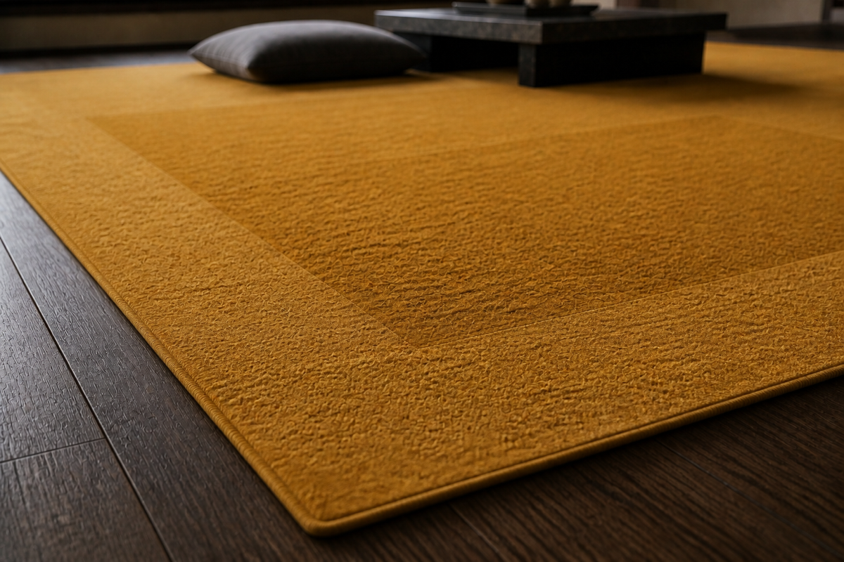 Textile detail of the Ochre Field rug edge and lower field