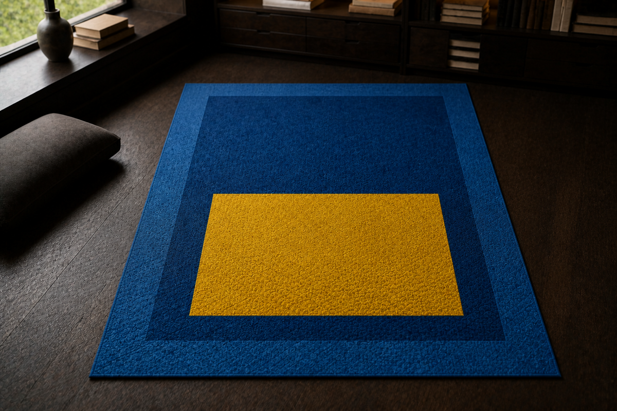 Textile detail of the Blue Yellow Measure rug edge and yellow field