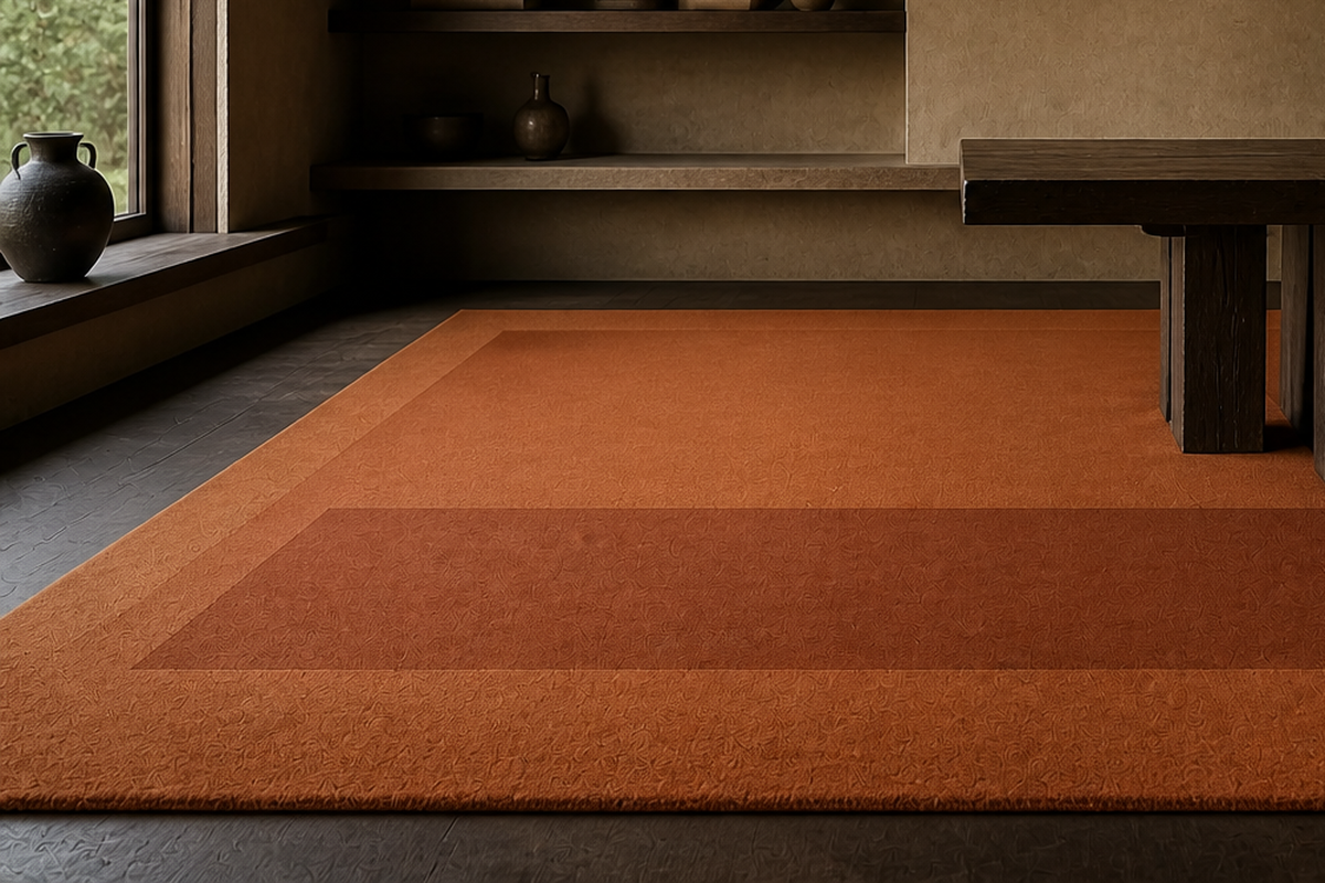 Textile detail of the Rust Field rug edge and lower plane