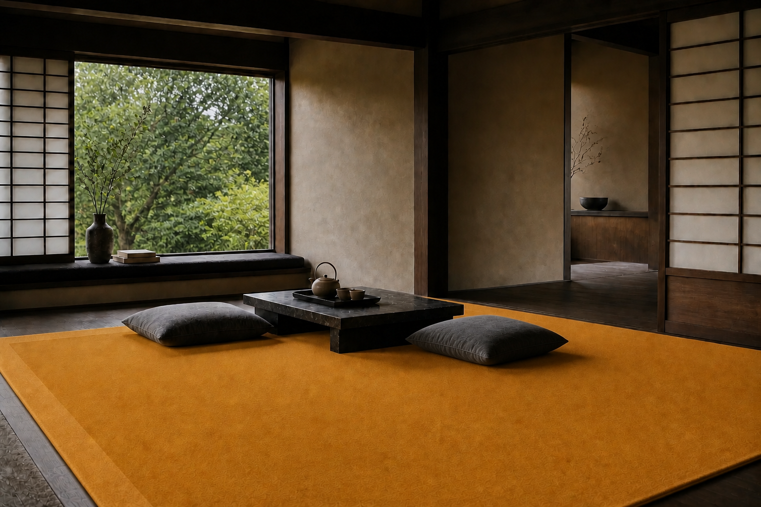 Ochre Field rug in a warm bedroom-library setting