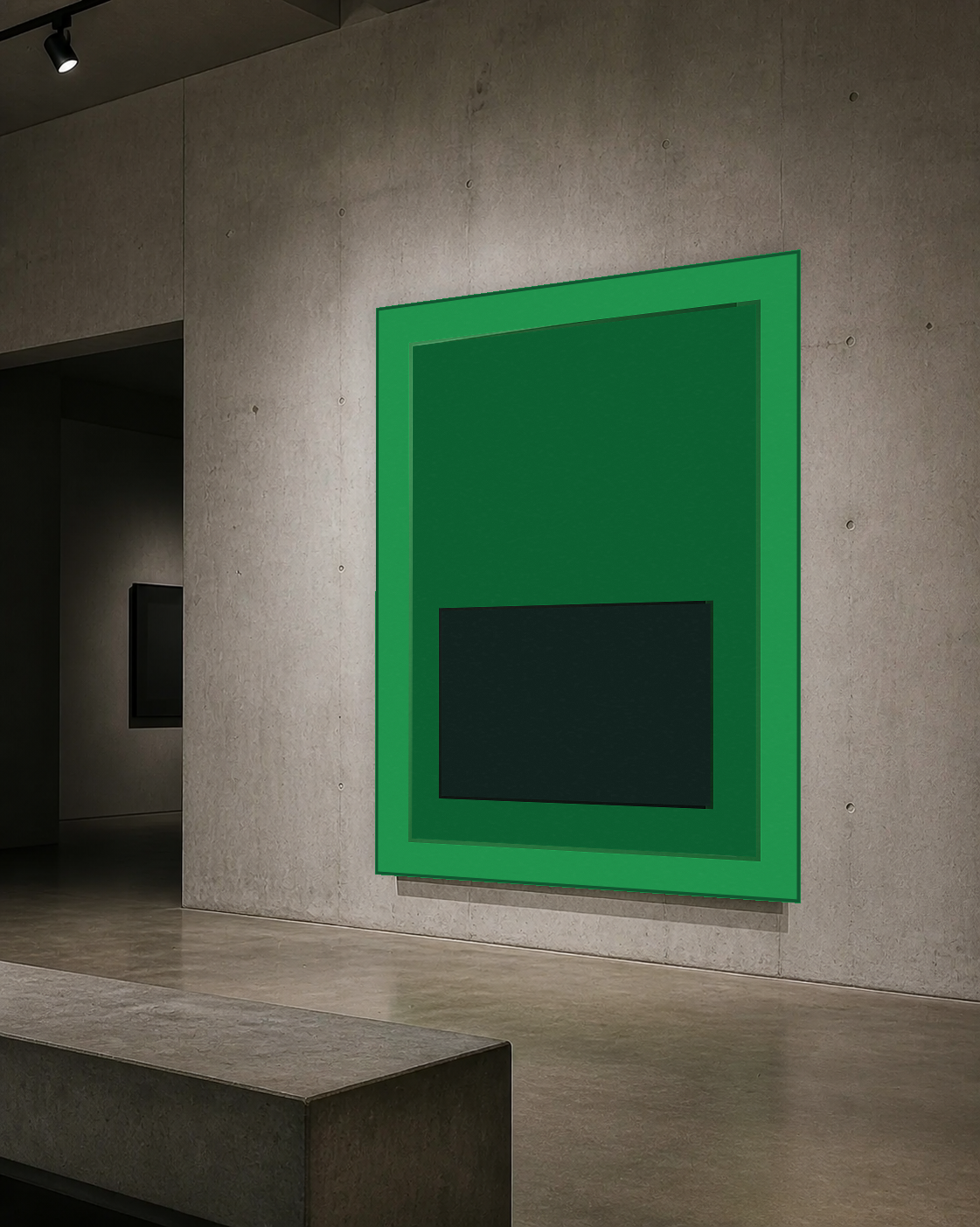 Green Register rug installed as a wall-hung textile on concrete