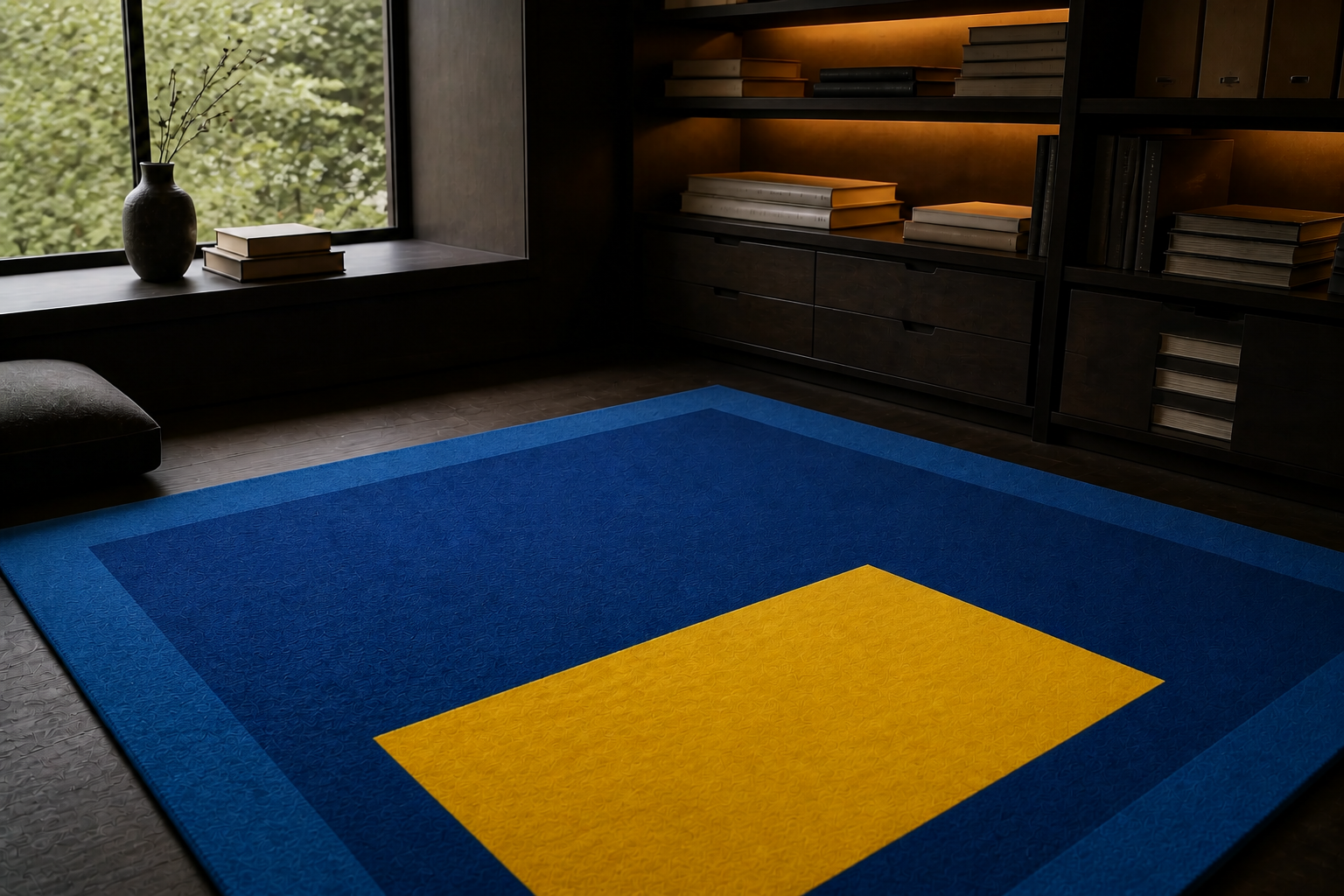 Blue Yellow Measure rug in a dark gallery apartment setting