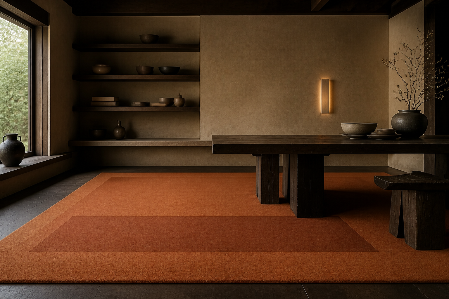 Rust Field rug in a warm architectural living room setting
