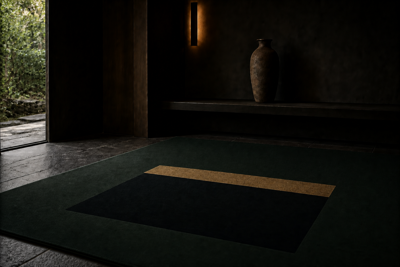 Metallic Register rug in a dark architectural lounge setting