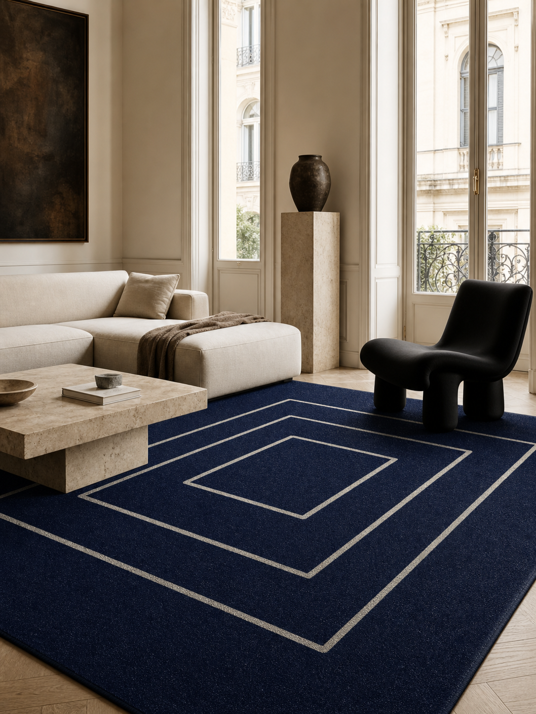 Room render with Archive Lines - Midnight Blue / Oyster.