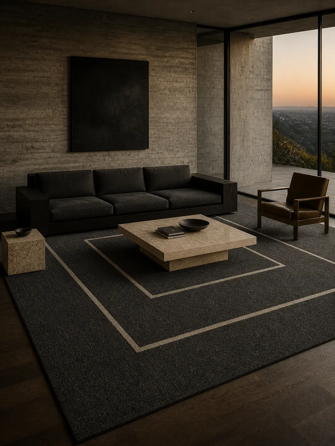 Double Vision rug in a dark ground with pale nested borders in a modern living room.