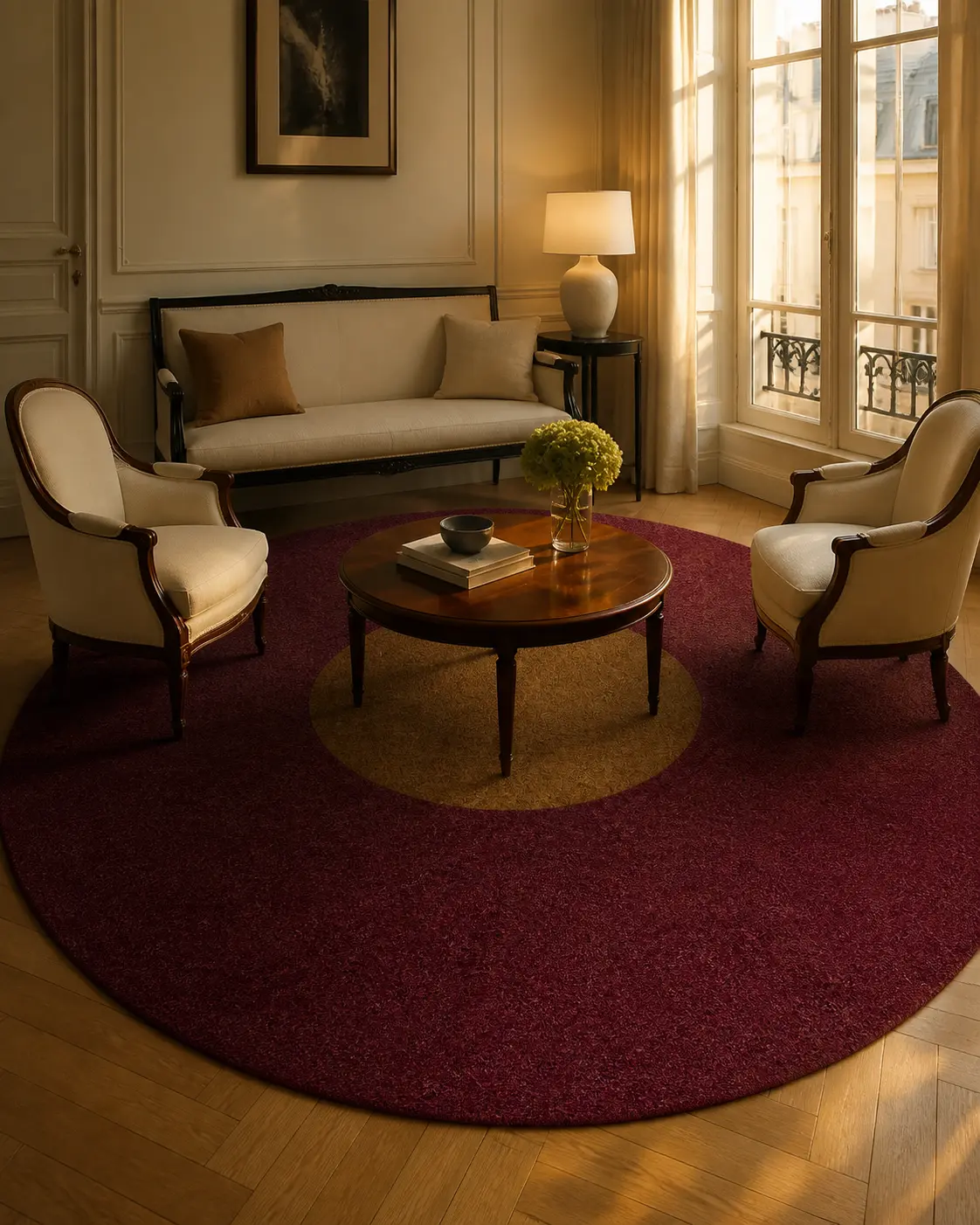 Inner Orbit rug in Oxblood and Saddle in a warm formal sitting room.