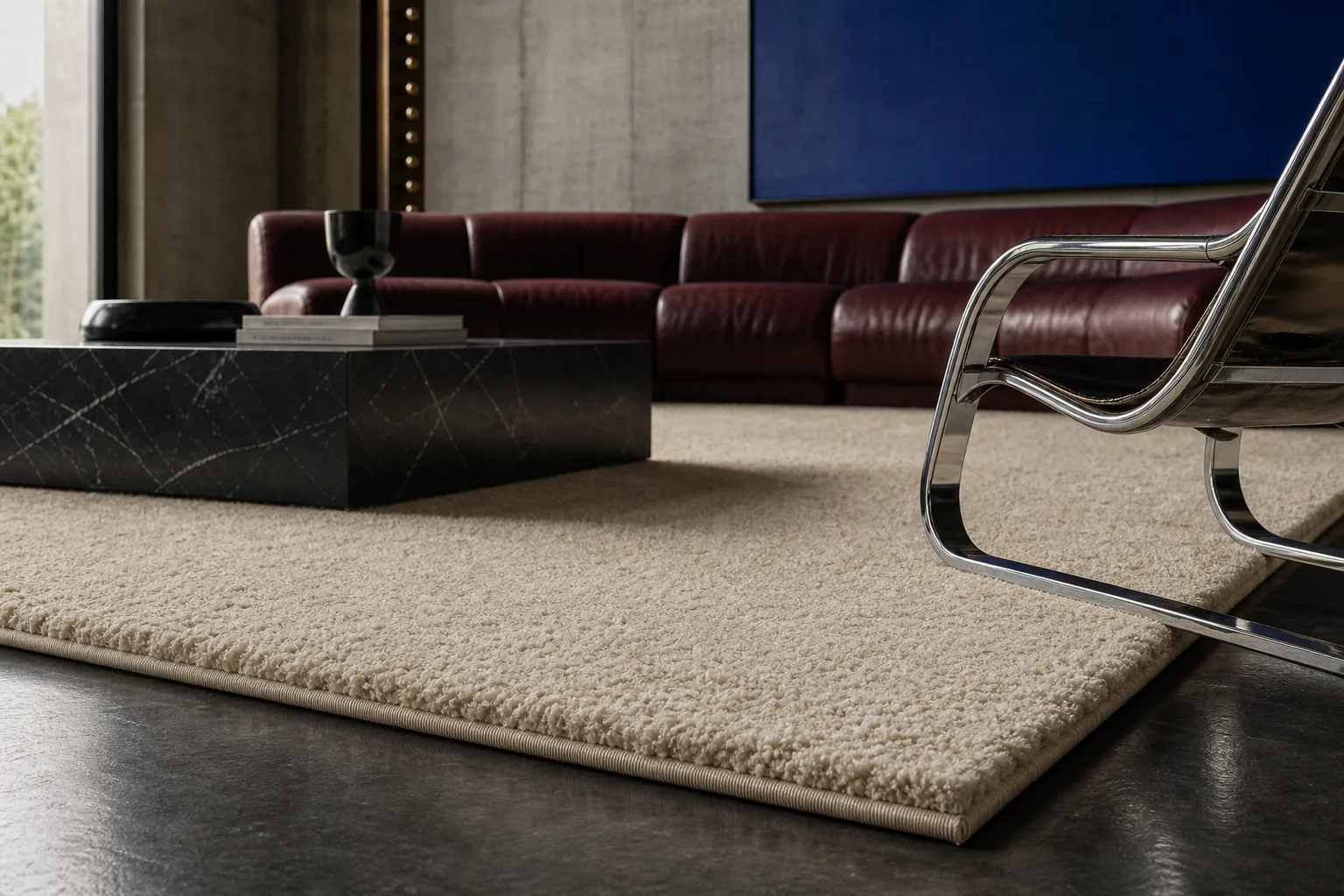 A chalk-toned MAJLIS rug detail beside polished metal and burgundy seating.