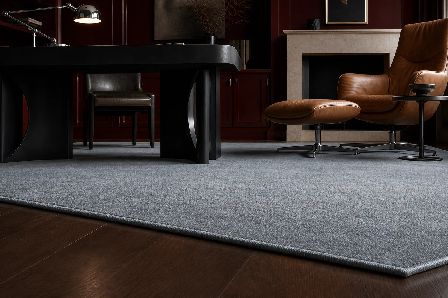 A horizon-toned MAJLIS rug detail beneath a desk and lounge chair.