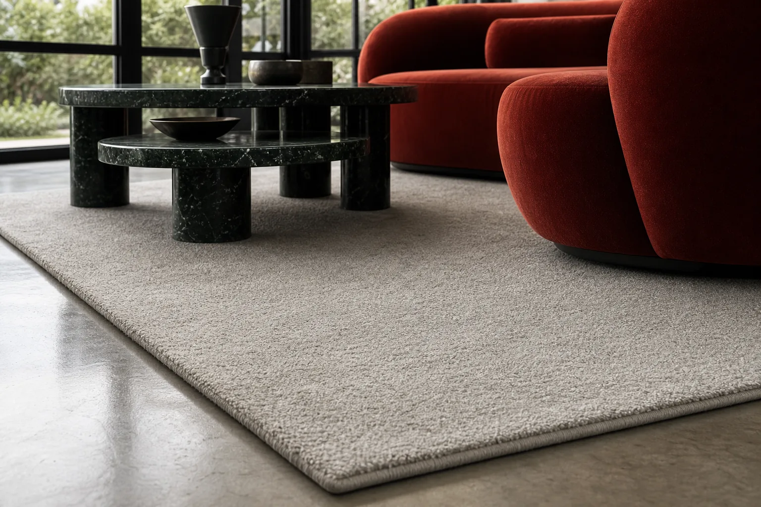 A close detail of an oyster MAJLIS rug in a refined living room with a red sofa and black stone table.