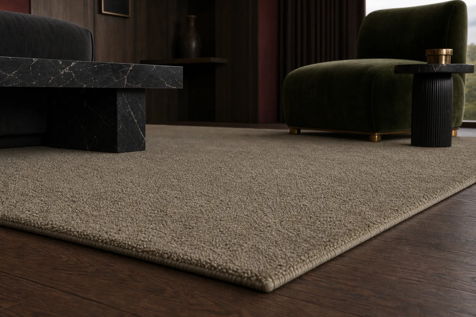 A close view of an almond MAJLIS rug anchoring a warm interior.