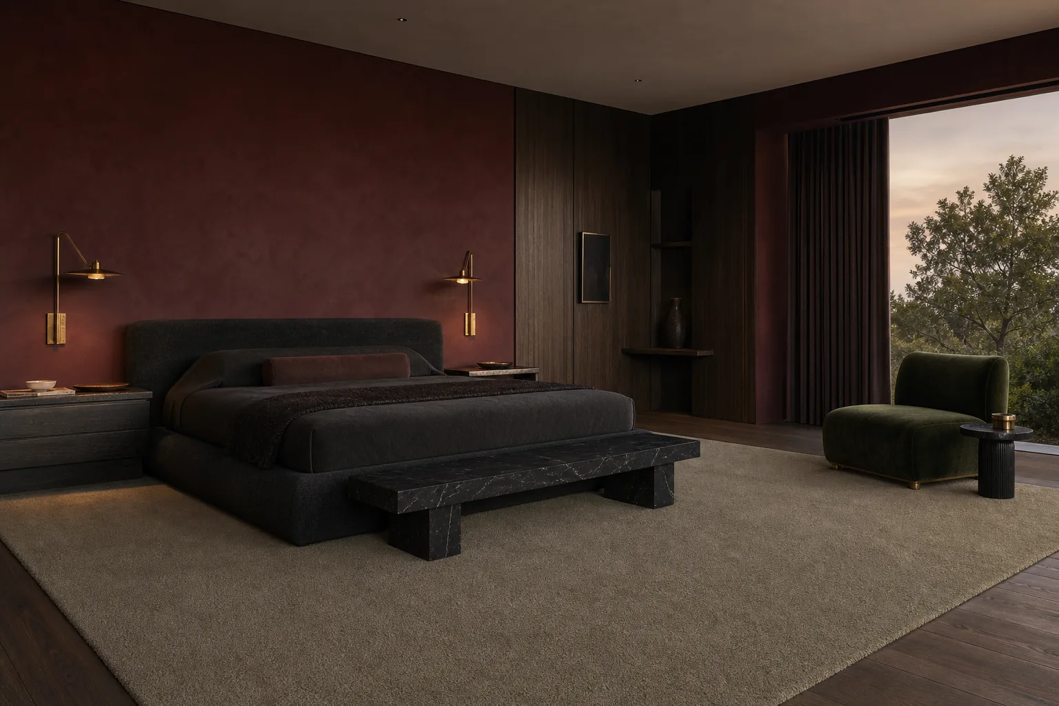 An almond MAJLIS rug sized generously beneath a bed, bench, and lounge chair.