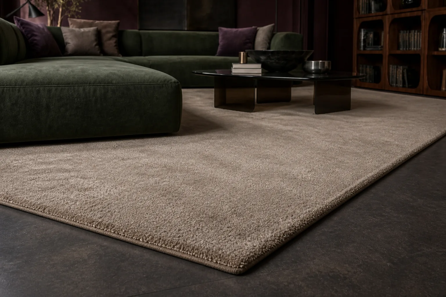 A close view of a cashmere-toned MAJLIS rug defining a conversational seating area.