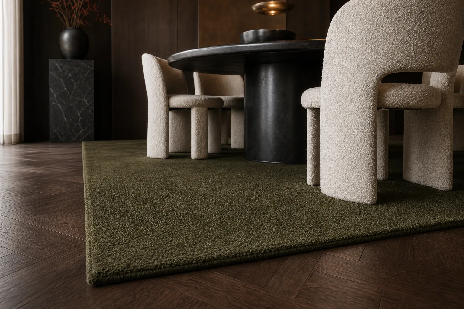 An olive MAJLIS rug beneath dining chairs and a black round table in a warm wood room.