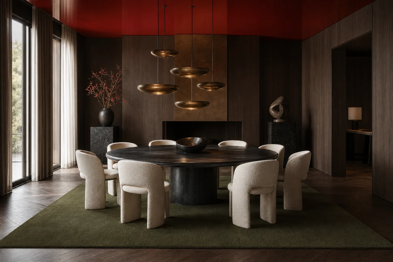 An olive MAJLIS rug grounding a dining table with cream chairs in a warm architectural dining room.