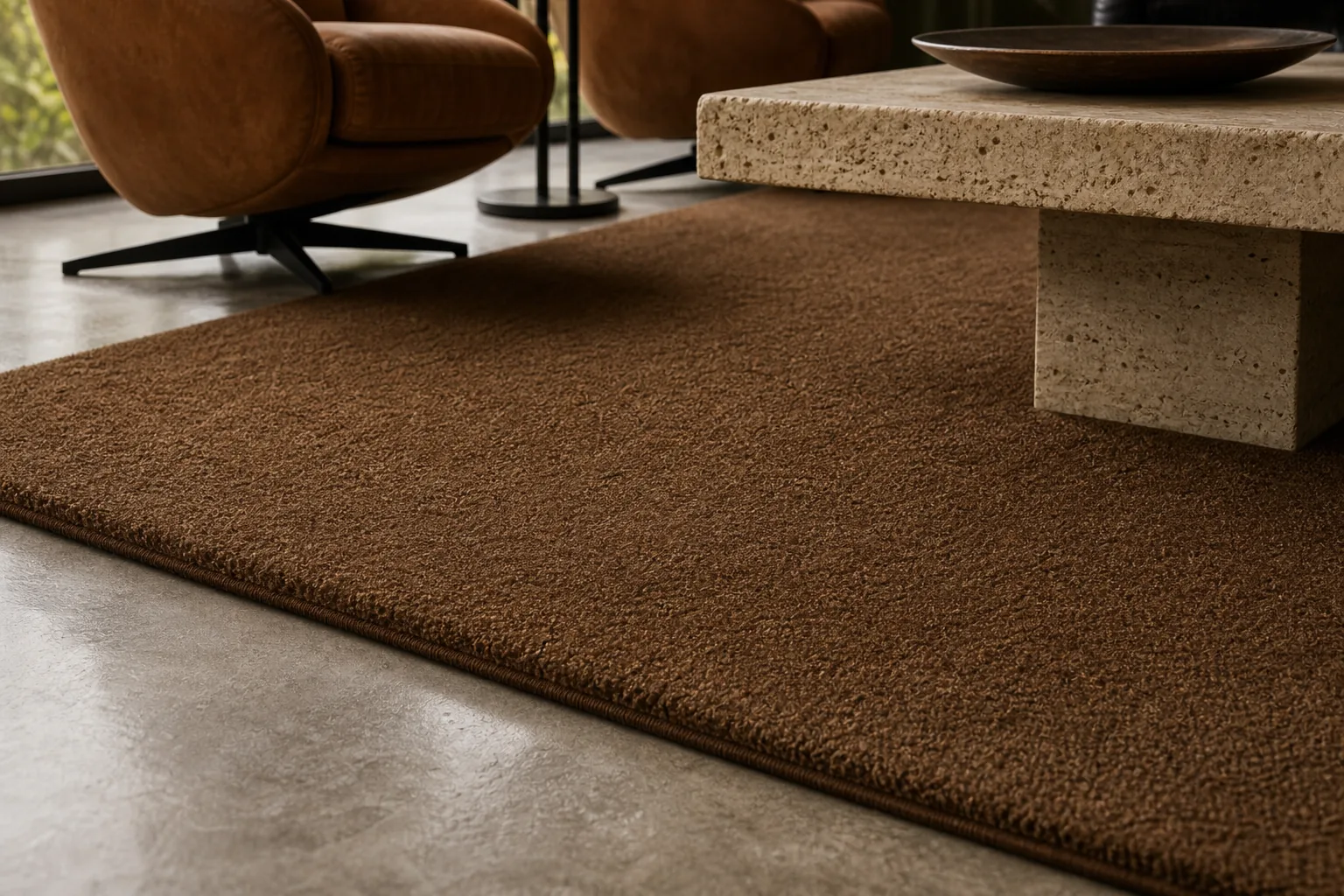 A saddle-toned MAJLIS rug detail showing edge and scale beside a stone table.