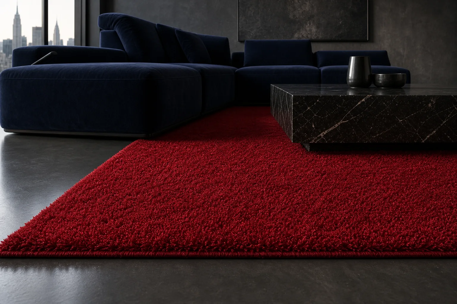 A ruby MAJLIS rug detail showing dense pile and rich color.