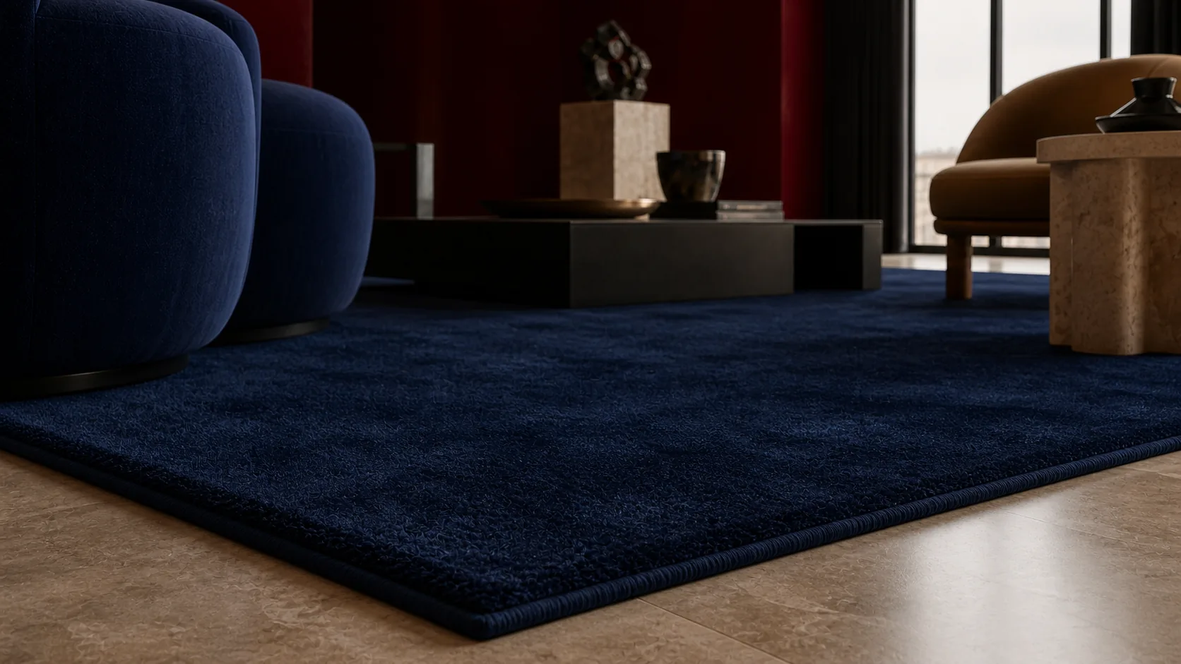A midnight blue MAJLIS rug detail showing deep color and dense surface.