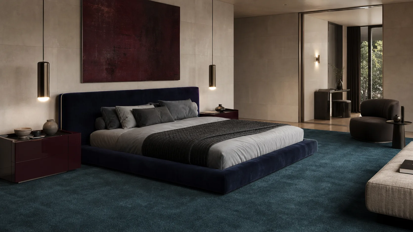 A moss-toned MAJLIS rug in a serene bedroom-like interior with dark seating and soft light.