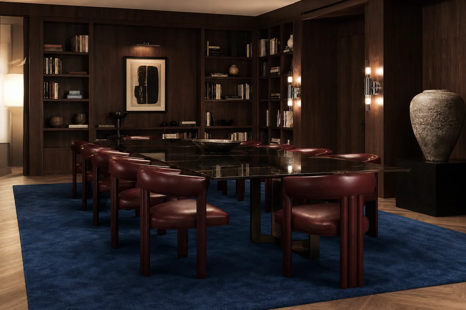 A Prussian blue MAJLIS rug in a refined wood-paneled dining room with burgundy chairs.