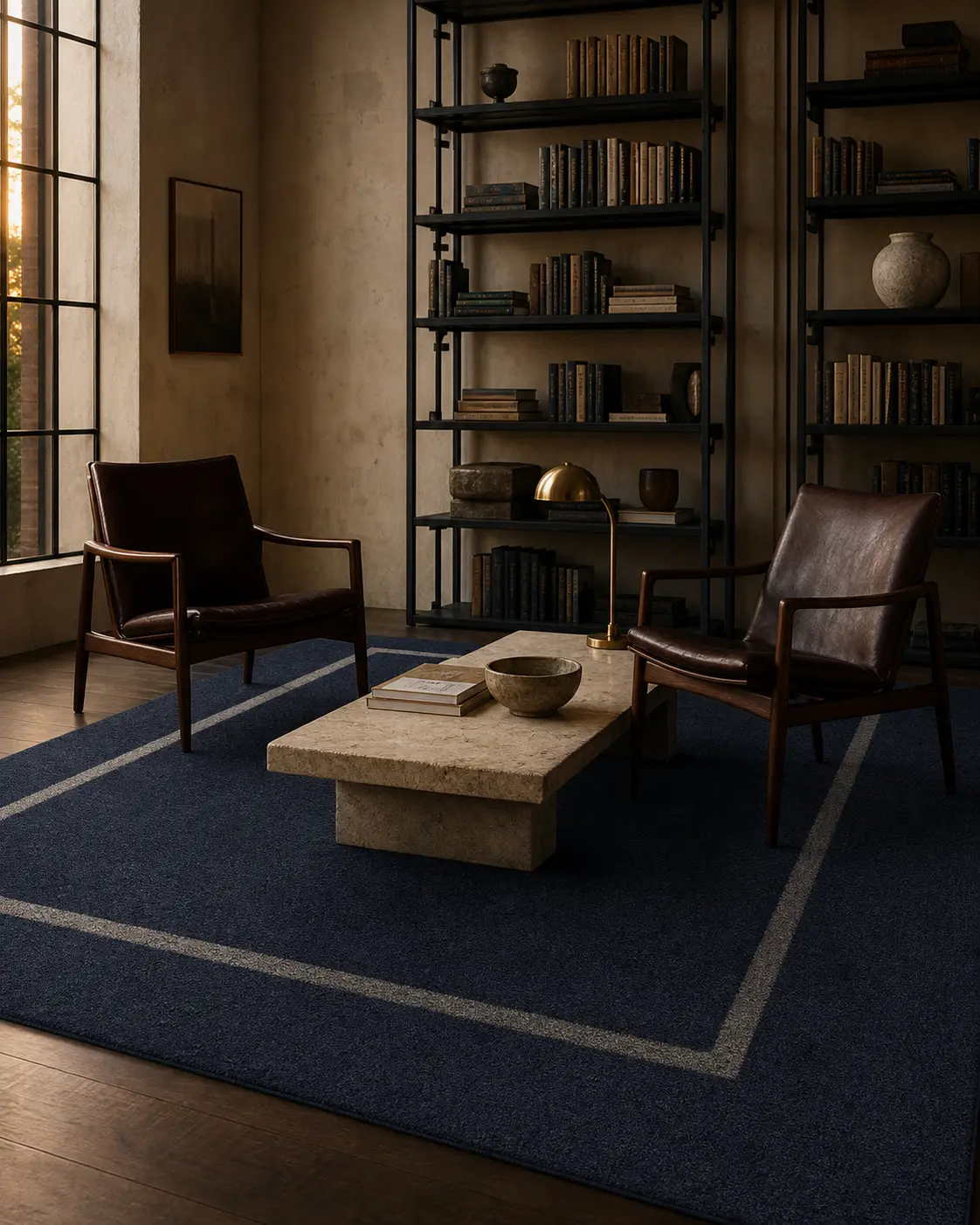 Quiet Portal rug in Midnight Storm and Dusk in a library sitting area.