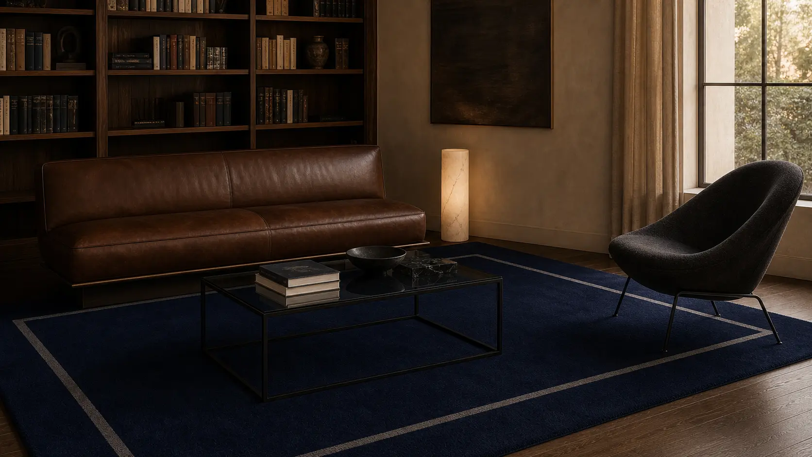 Quiet Portal rug in Midnight Storm and Dusk in a moody residential library.