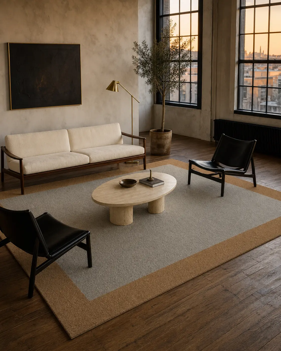 Thick rug in Fieldstone and Biscuit in a loft living room.