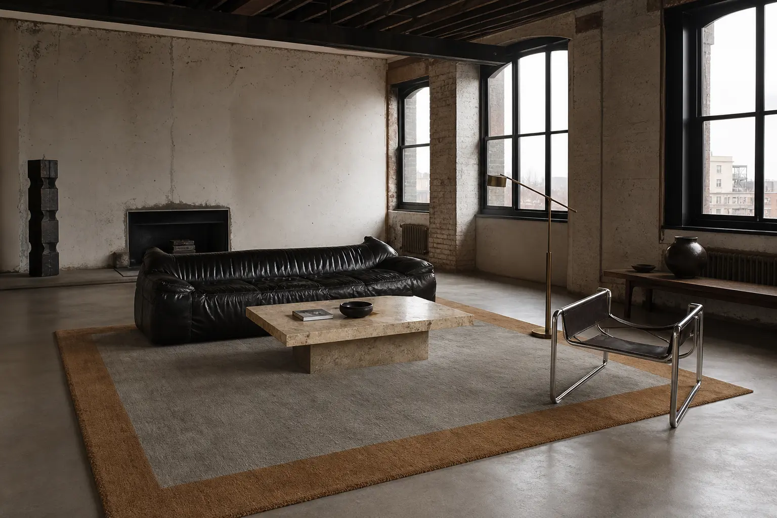 Thick rug in Fieldstone and Biscuit in a wide industrial living room.