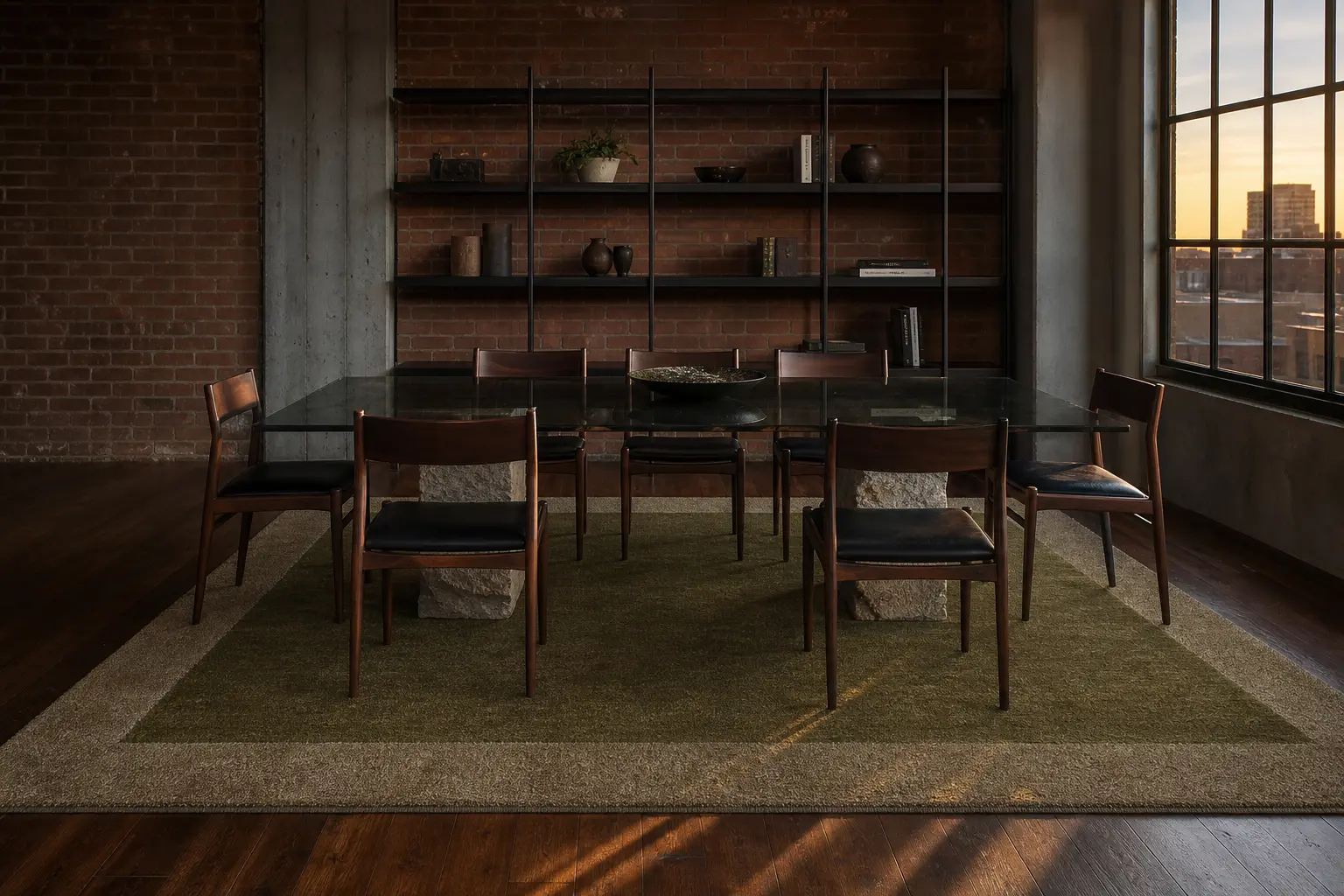 Thick rug in Moss and Almond beneath a dining table in a brick interior.
