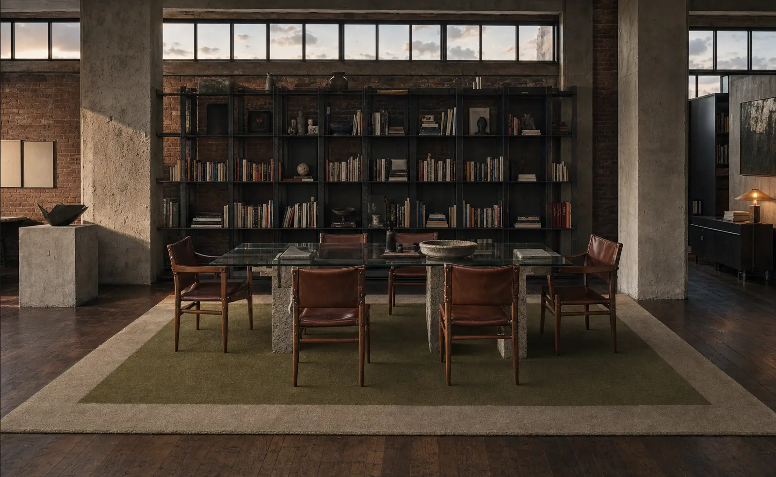 Thick rug in Moss and Almond in a large loft dining room.