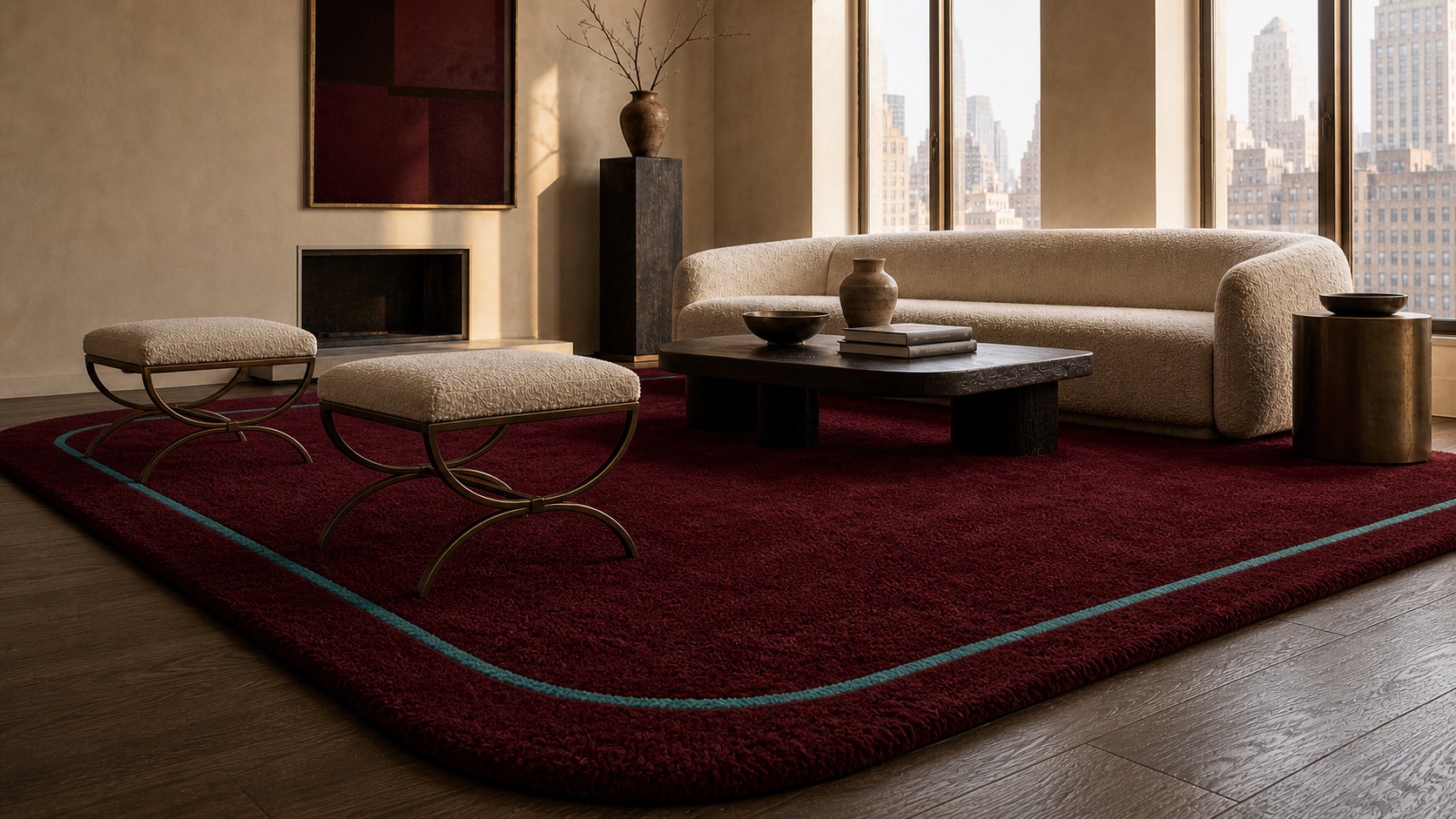 Low detail view showing the dense pile, rounded edge, turquoise inset frame, and bronze stools around the MAJLIS rug.