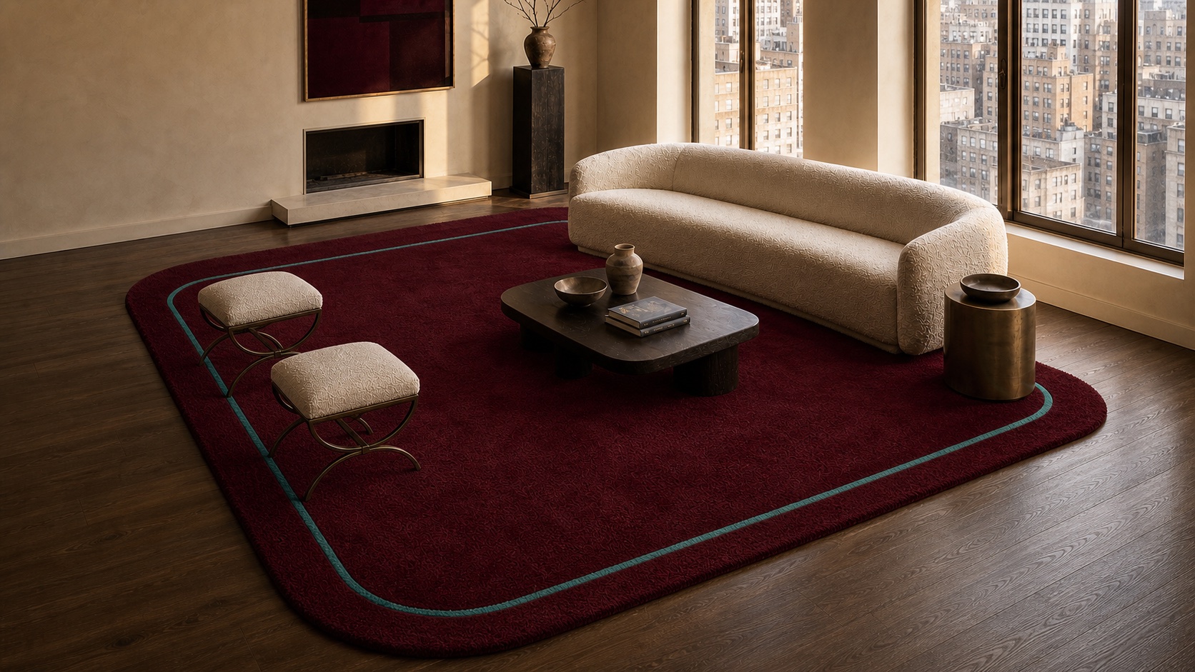 Elevated opposite-corner view showing the full rounded shape and turquoise frame of the deep wine MAJLIS rug.