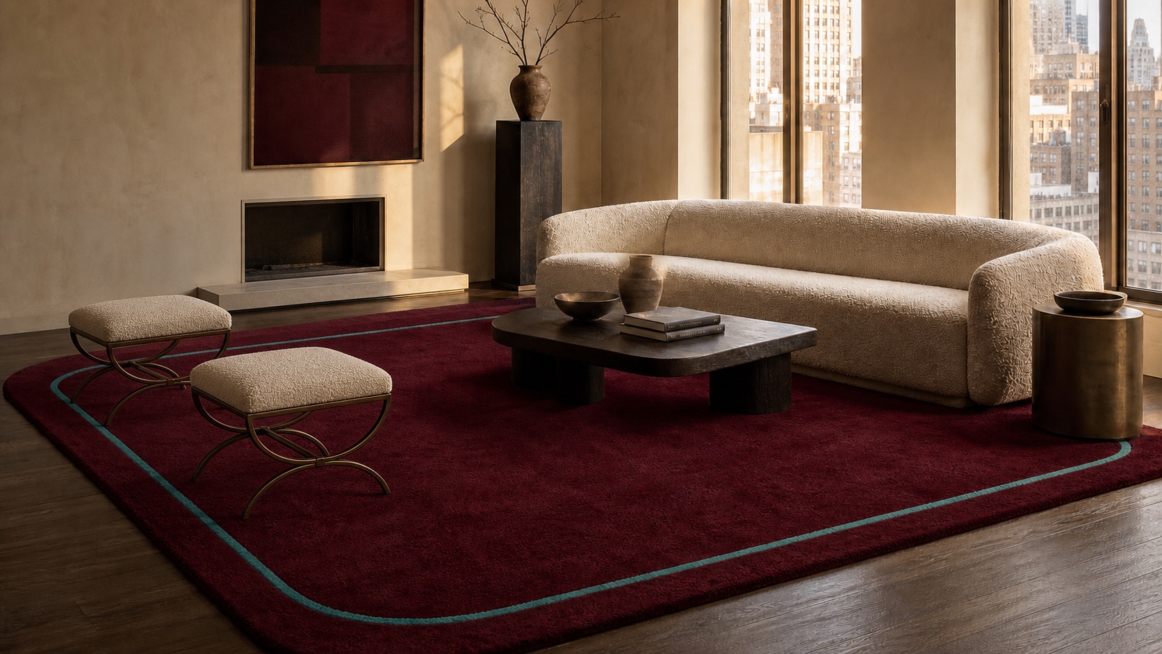 Front three-quarter view of a deep wine MAJLIS rug with a turquoise rounded frame, bronze stools, and an ivory sofa.